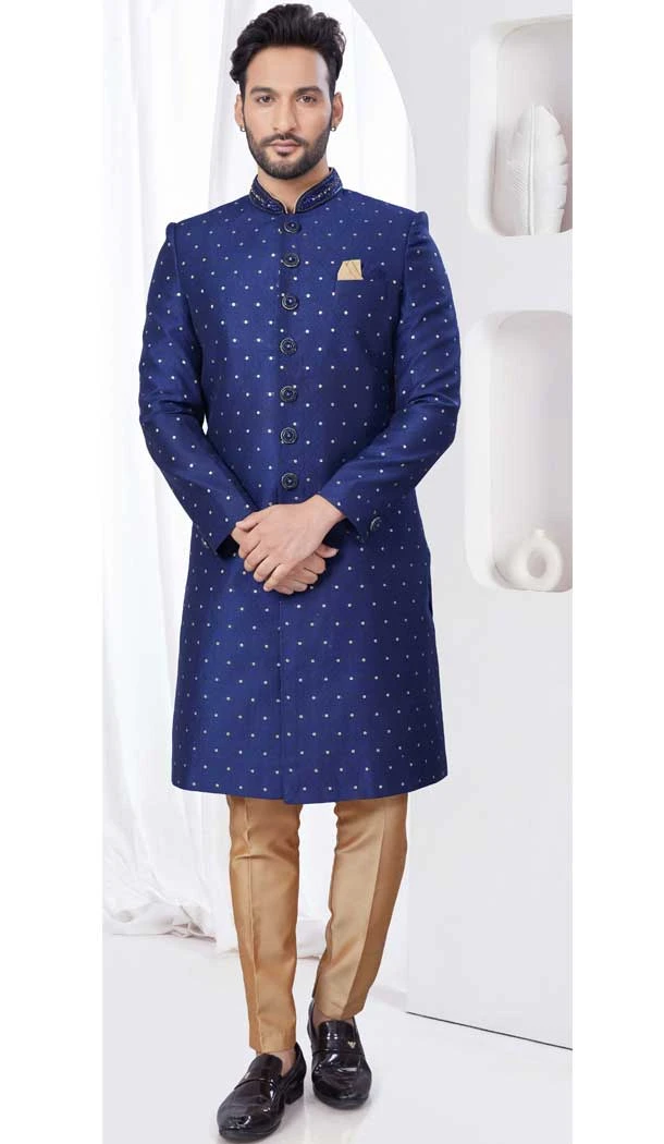 Navy Blue Jacquard Silk Stone Work Wedding Wear Men Indo Western - 9705188925
