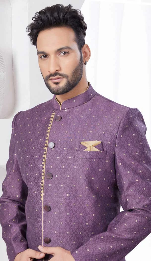 Light Wine Jacquard Silk Woven Work Wedding Wear Men Indo Western - 9705188926