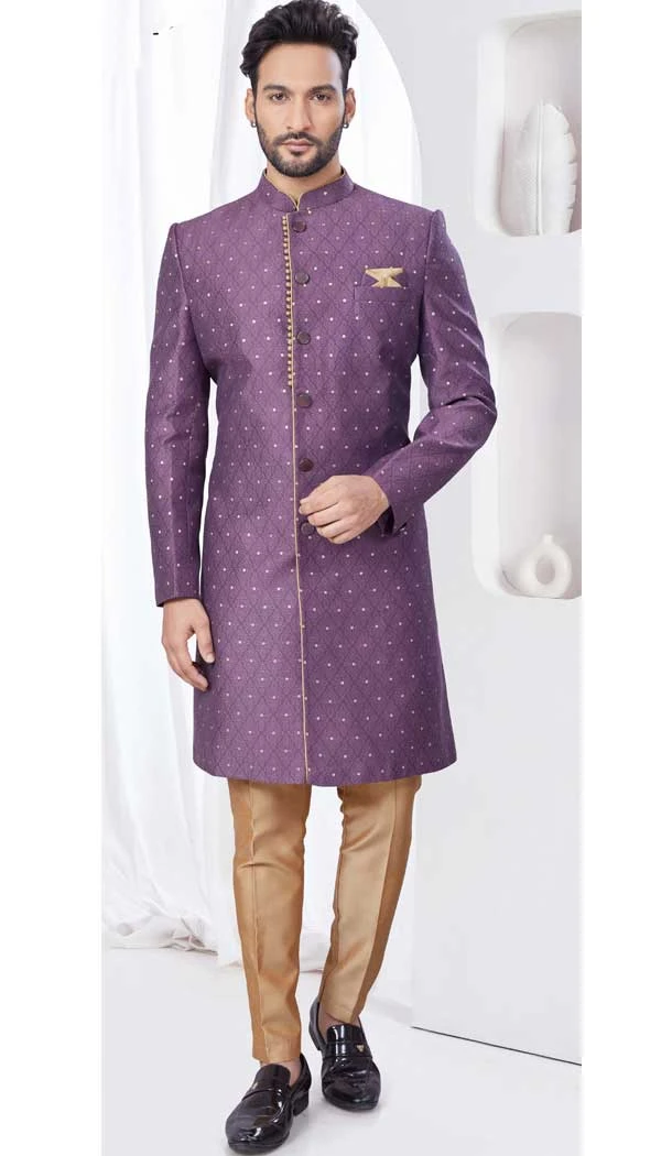 Light Wine Jacquard Silk Woven Work Wedding Wear Men Indo Western - 9705188926