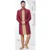 Maroon Art Dhupion Woven Work Wedding Wear Plus Size Men Indo Western - 9705188927
