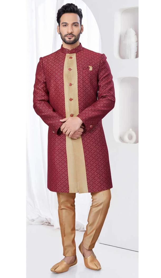 Maroon Art Dhupion Woven Work Wedding Wear Men Indo Western - 9705188927