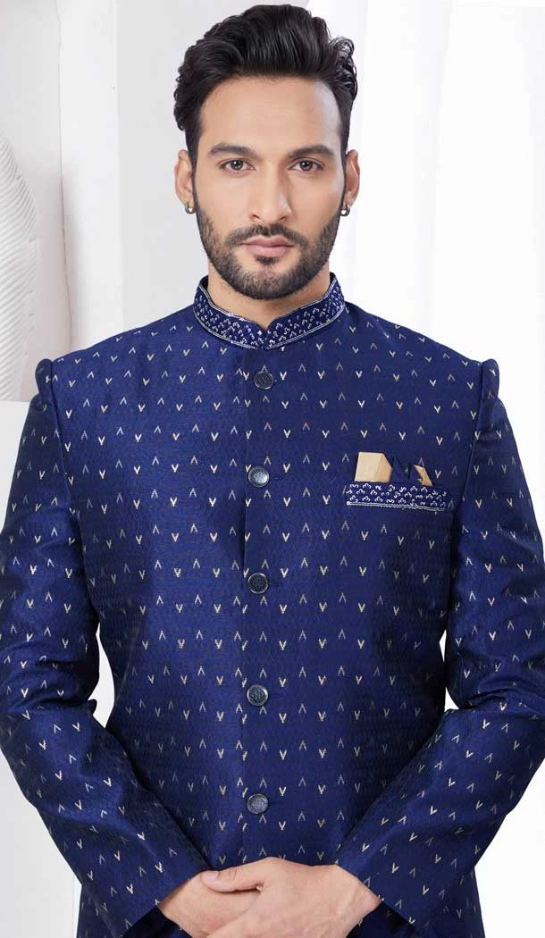 Navy Blue Jacquard Silk Stone Work Wedding Wear Men Indo Western - 9705188928