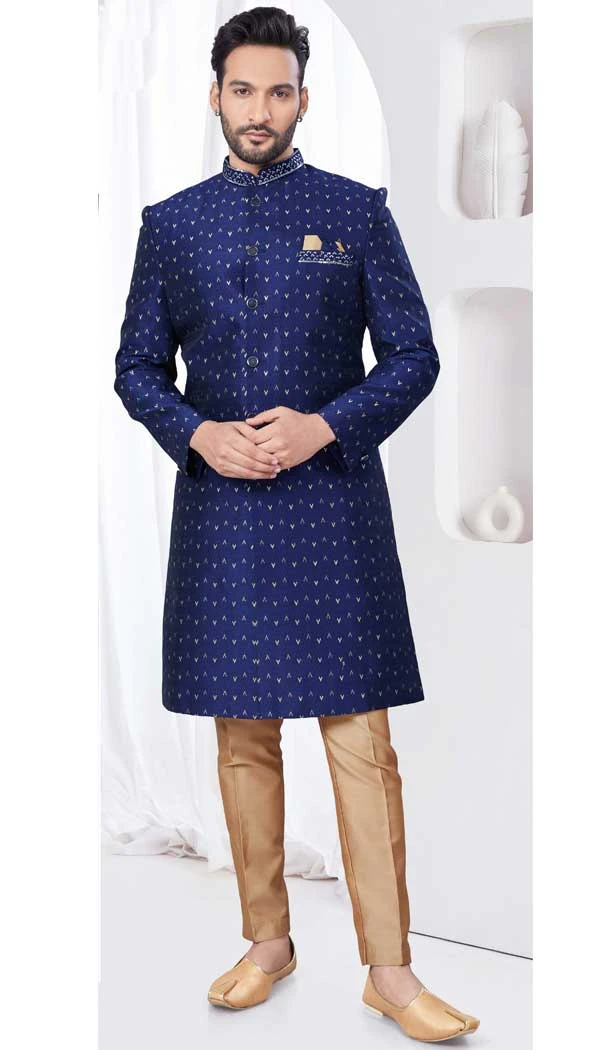 Navy Blue Jacquard Silk Stone Work Wedding Wear Men Indo Western - 9705188928