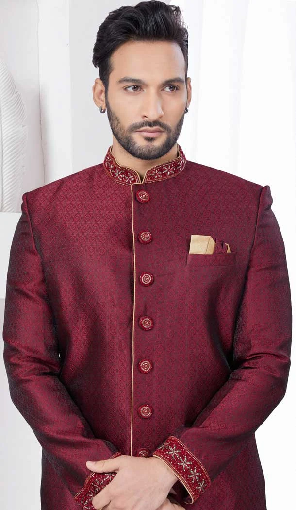 Maroon Jacquard Silk Resham Work Wedding Wear Men Indo Western - 9705188929