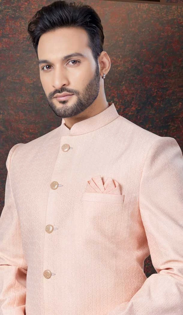 Peach Jacquard Silk Woven Work Wedding Wear Men Indo Western - 9705188930