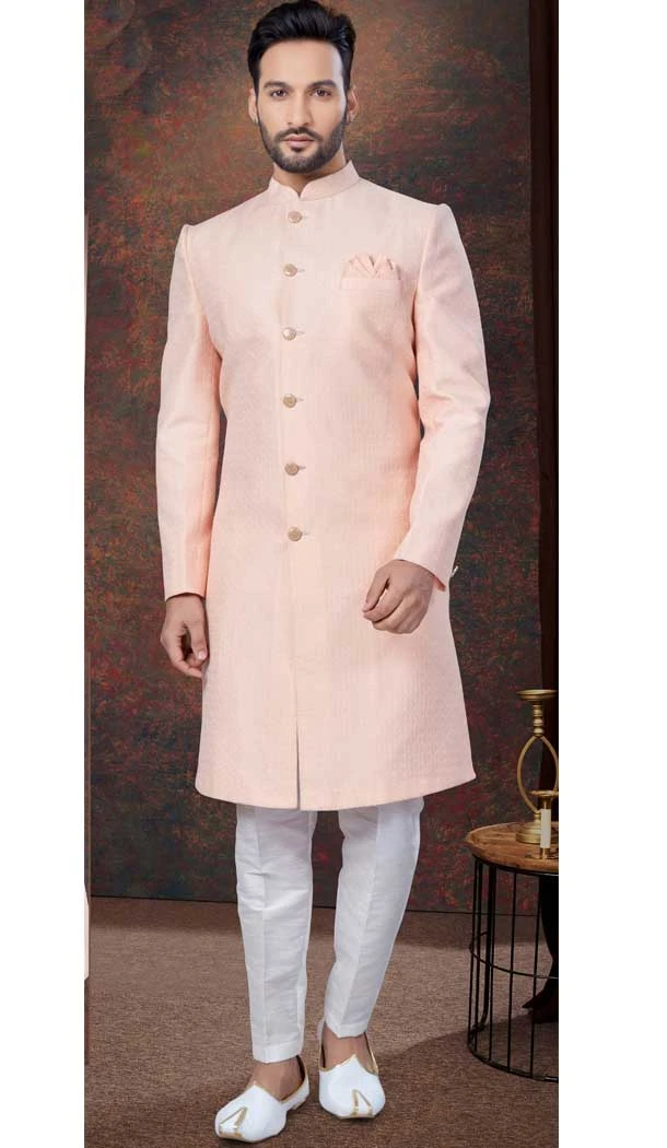 Peach Jacquard Silk Woven Work Wedding Wear Men Indo Western - 9705188930