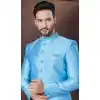 Sky Blue Jacquard Silk Resham Work Wedding Wear Plus Size Men Indo Western - 9705188931