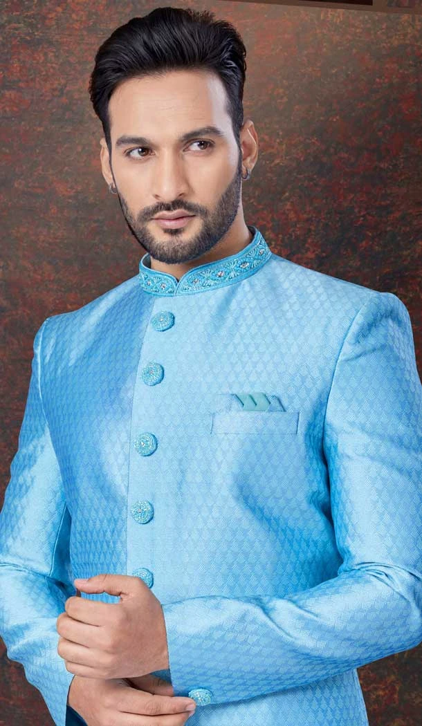 Sky Blue Jacquard Silk Resham Work Wedding Wear Men Indo Western - 9705188931