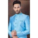 Sky Blue Jacquard Silk Resham Work Wedding Wear Men Indo Western - 9705188931