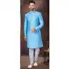 Sky Blue Jacquard Silk Resham Work Wedding Wear Plus Size Men Indo Western - 9705188931
