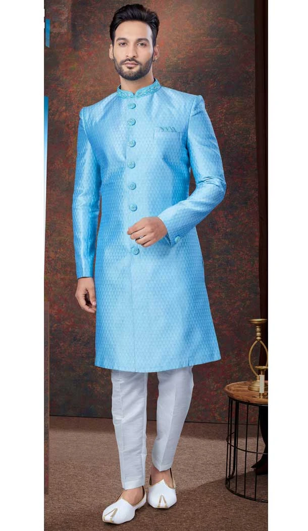 Sky Blue Jacquard Silk Resham Work Wedding Wear Men Indo Western - 9705188931