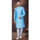 Sky Blue Jacquard Silk Resham Work Wedding Wear Men Indo Western - 9705188931