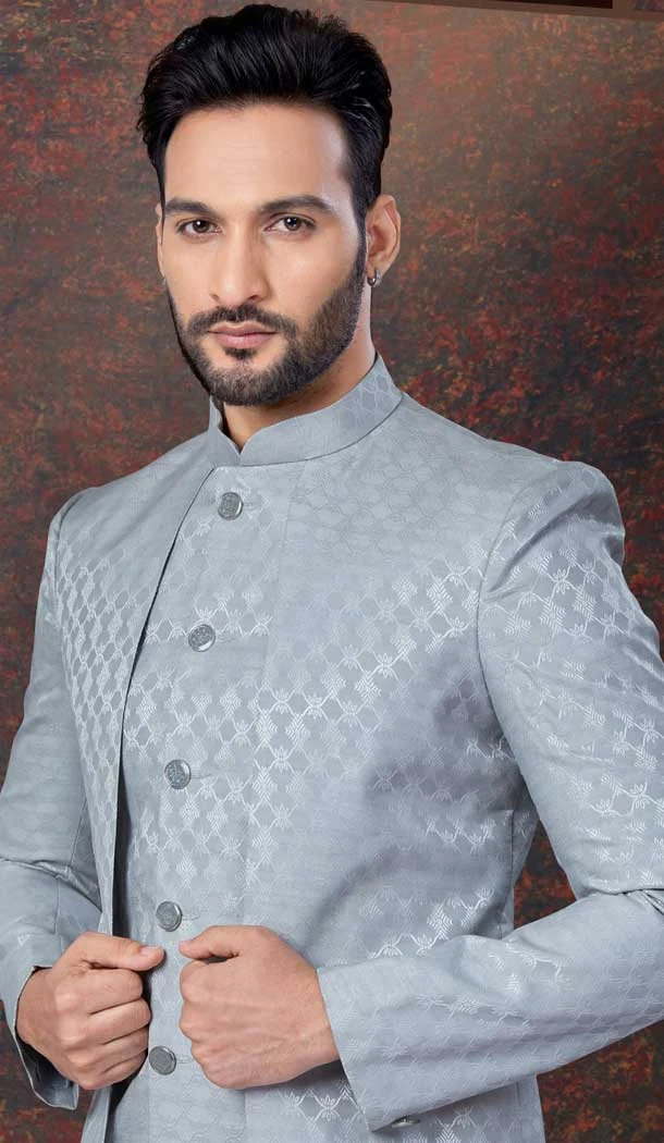 Grey Jacquard Silk Woven Work Wedding Wear Men Indo Western - 9705188932