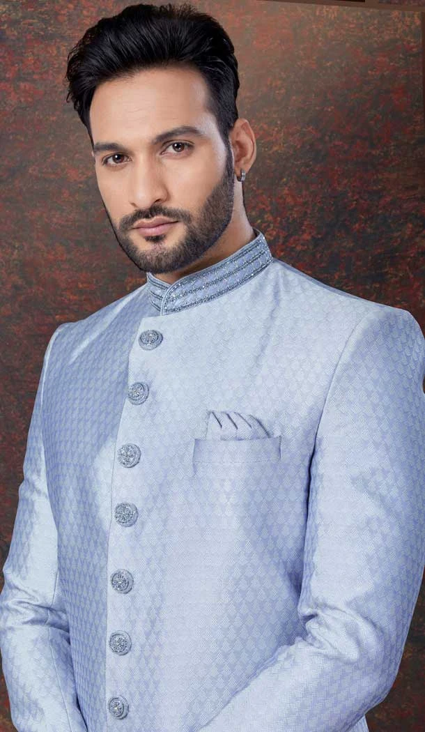 Light Lavender Jacquard Silk Woven Work Wedding Wear Men Indo Western - 9705188933
