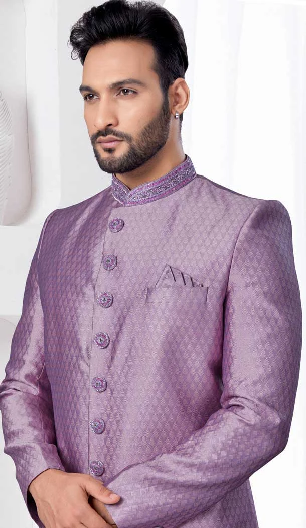 Lavender Jacquard Silk Resham Work Wedding Wear Men Indo Western - 9705188934