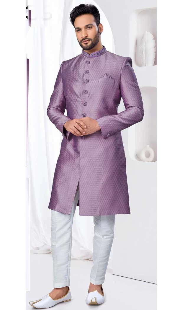 Lavender Jacquard Silk Resham Work Wedding Wear Men Indo Western - 9705188934