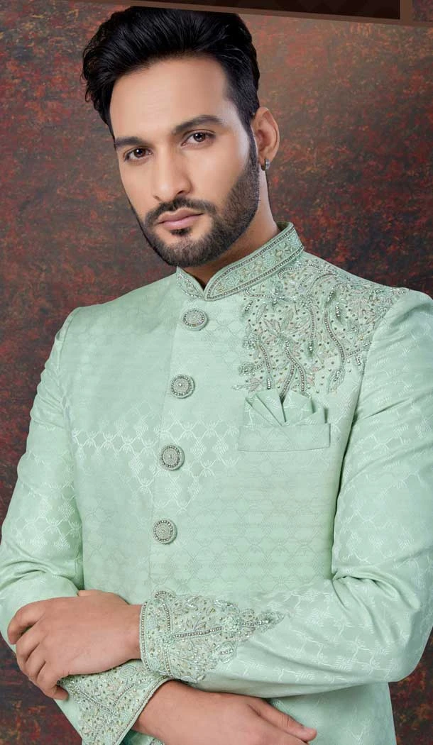Pista Green Jacquard Silk Resham Work Wedding Wear Men Indo Western - 9705188935