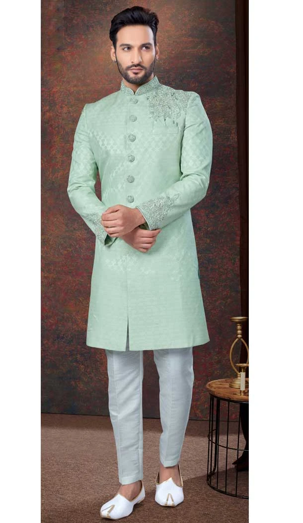 Pista Green Jacquard Silk Resham Work Wedding Wear Men Indo Western - 9705188935