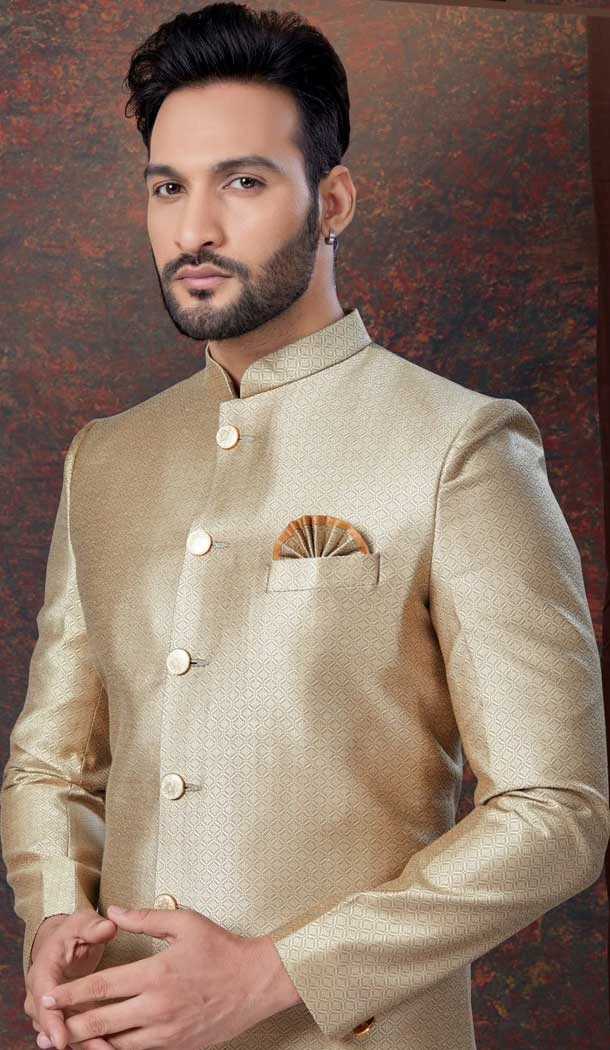 Light Antique Jacquard Silk Woven Work Wedding Wear Men Indo Western - 9705188936
