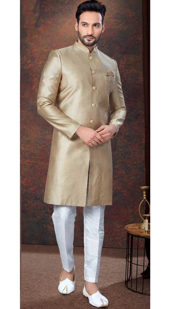 Light Antique Jacquard Silk Woven Work Wedding Wear Men Indo Western - 9705188936