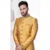 Mustard Jacquard Silk Stone Work Wedding Wear Plus Size Men Indo Western - 9705188938