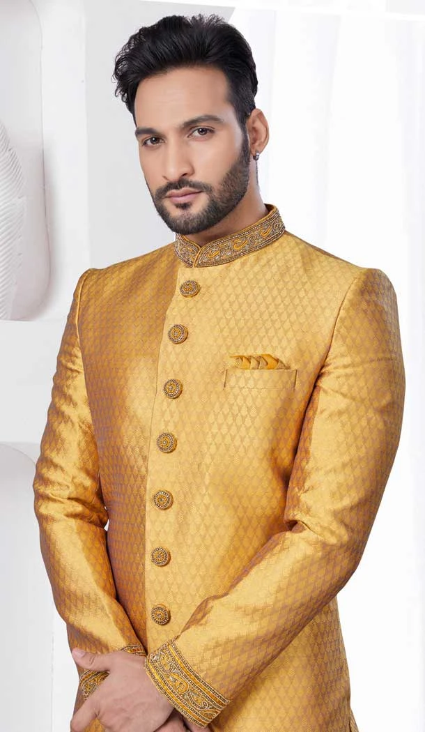 Mustard Jacquard Silk Stone Work Wedding Wear Men Indo Western - 9705188938