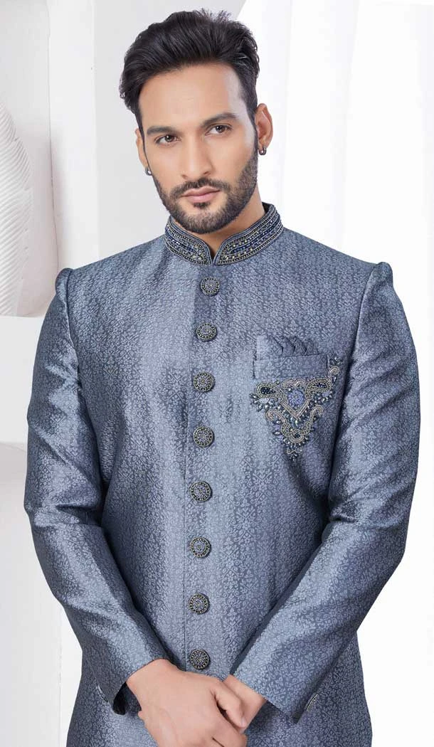 Grey Jacquard Silk Resham Work Wedding Wear Men Indo Western - 9705188939