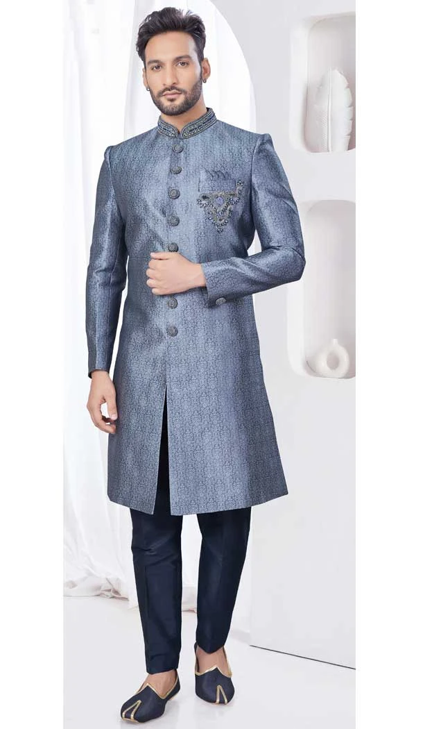 Grey Jacquard Silk Resham Work Wedding Wear Men Indo Western - 9705188939