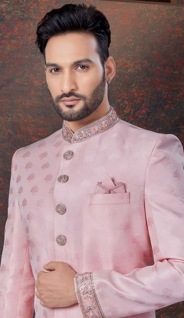 Pink Jacquard Silk Resham Work Wedding Wear Men Indo Western - 9705188940