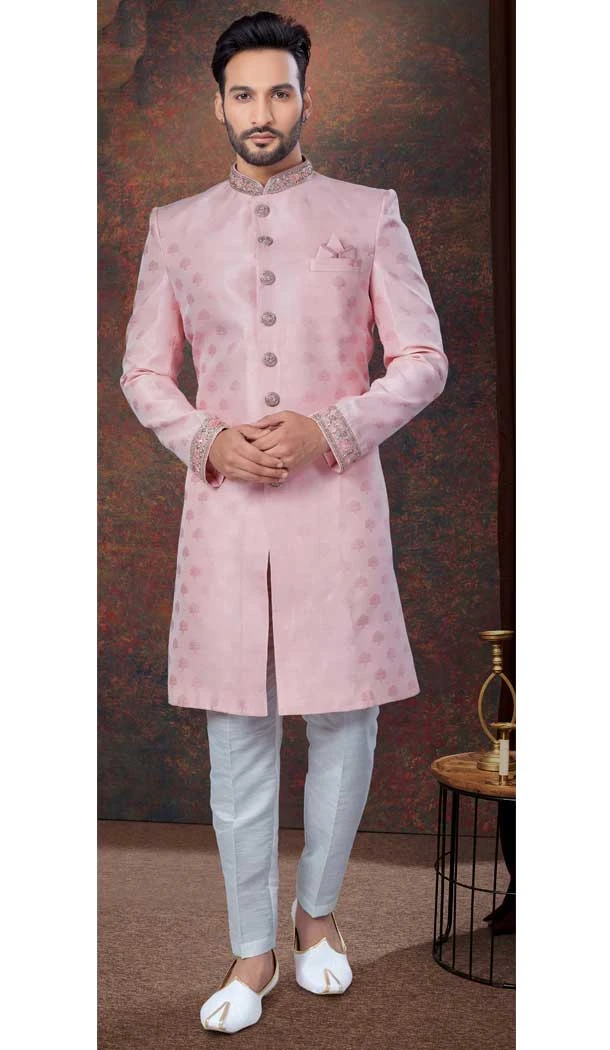 Pink Jacquard Silk Resham Work Wedding Wear Men Indo Western - 9705188940