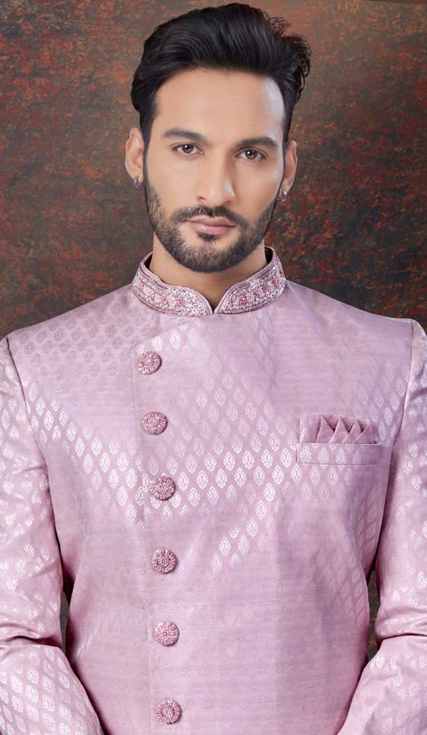 Light Purple Jacquard Silk Resham Work Wedding Wear Men Indo Western - 9705188941