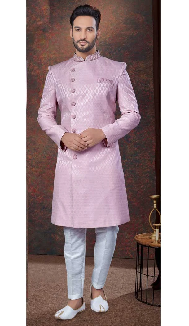 Light Purple Jacquard Silk Resham Work Wedding Wear Men Indo Western - 9705188941