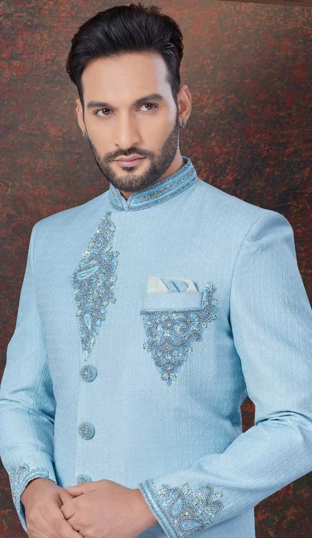 Jacquard Silk Resham Work Wedding Wear Men Indo Western In Sky Blue - 9705188942