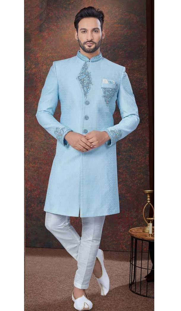 Jacquard Silk Resham Work Wedding Wear Men Indo Western In Sky Blue - 9705188942