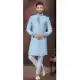 Jacquard Silk Resham Work Wedding Wear Men Indo Western In Sky Blue - 9705188942
