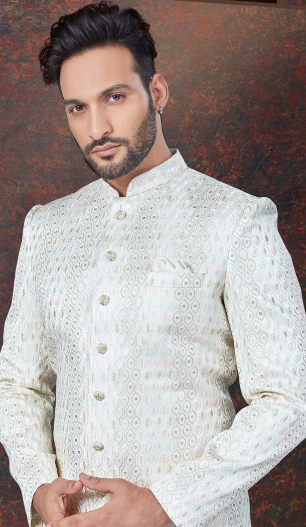 Cream Jacquard Silk Resham Work Wedding Wear Men Indo Western - 9705188943