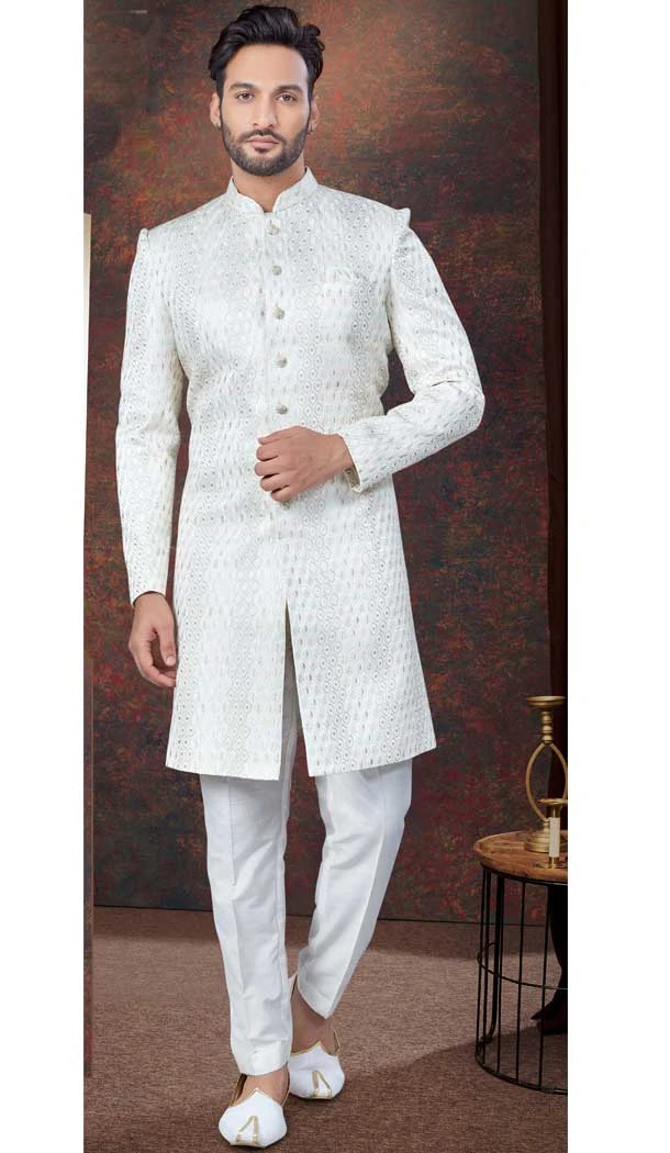 Cream Jacquard Silk Resham Work Wedding Wear Men Indo Western - 9705188943