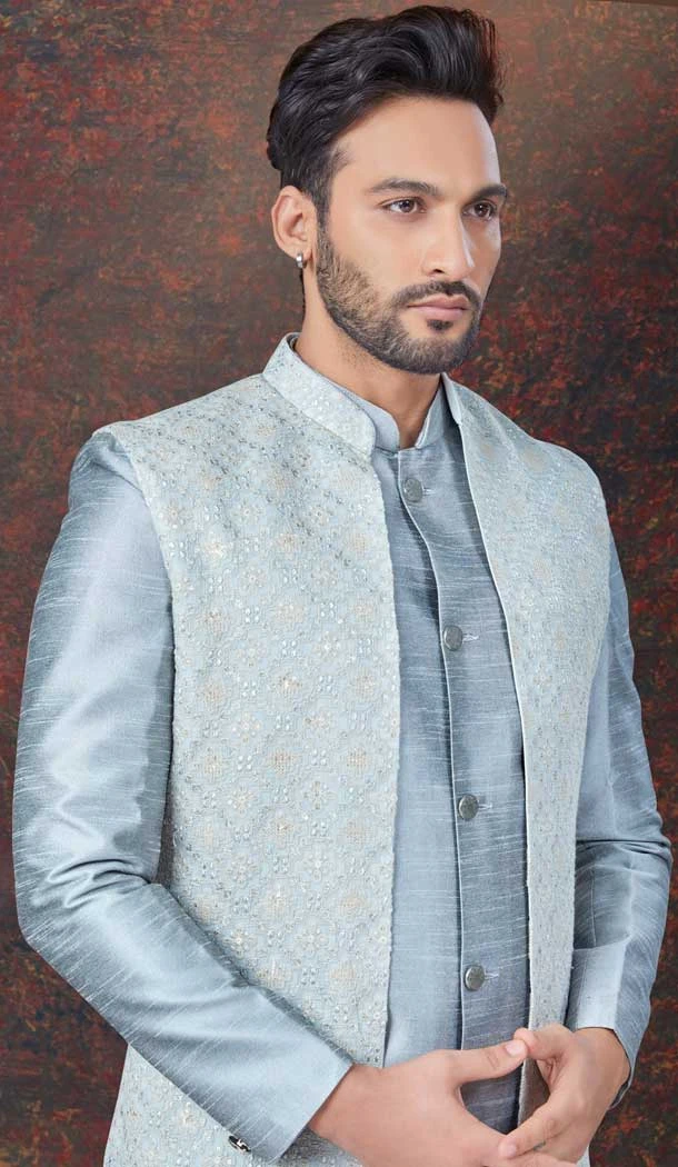 Grey Art Dhupion Resham Work Wedding Wear Men Indo Western - 9705188944