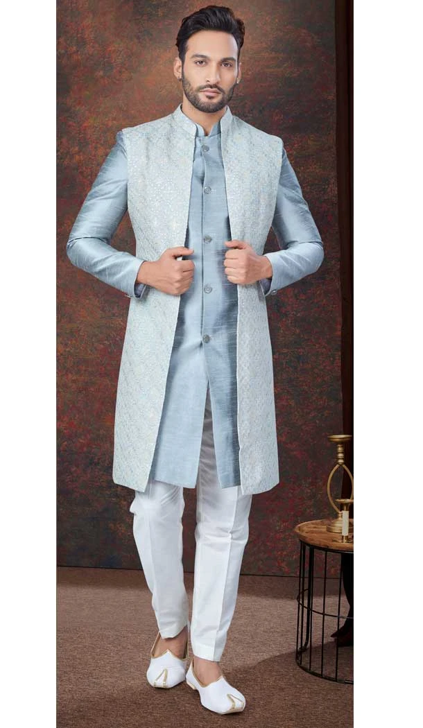 Grey Art Dhupion Resham Work Wedding Wear Men Indo Western - 9705188944