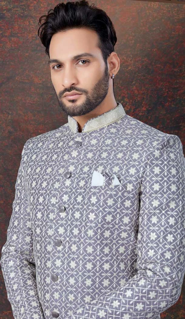 Grey Lucknowie Silk Resham Work Wedding Wear Men Indo Western - 9705188945