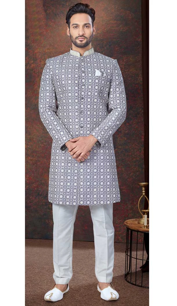 Grey Lucknowie Silk Resham Work Wedding Wear Men Indo Western - 9705188945