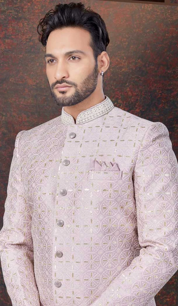 Light Lavender Lucknowie Silk Resham Work Wedding Wear Men Indo Western - 9705188946