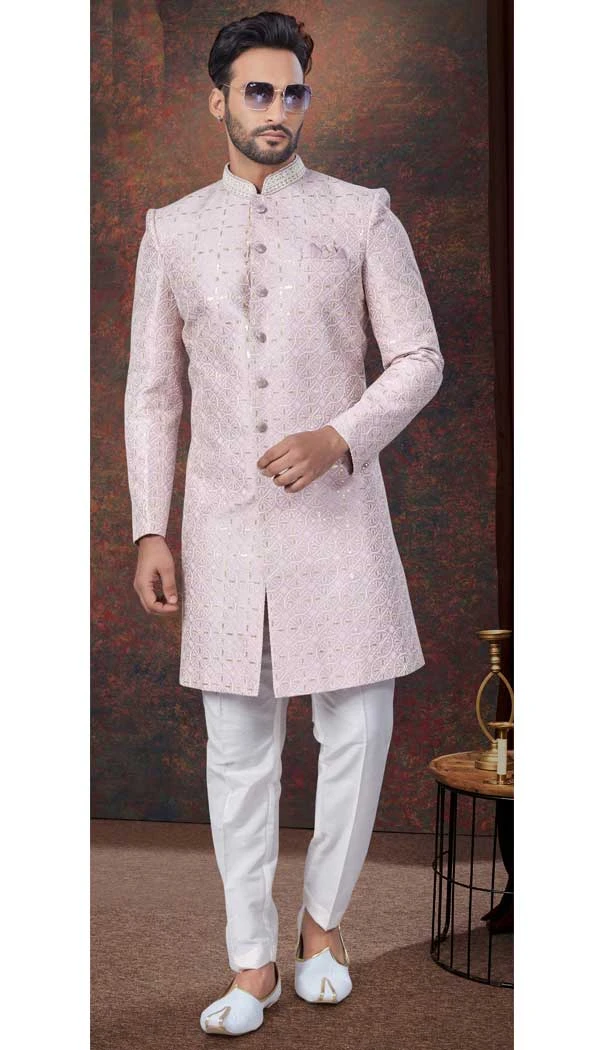 Light Lavender Lucknowie Silk Resham Work Wedding Wear Men Indo Western - 9705188946