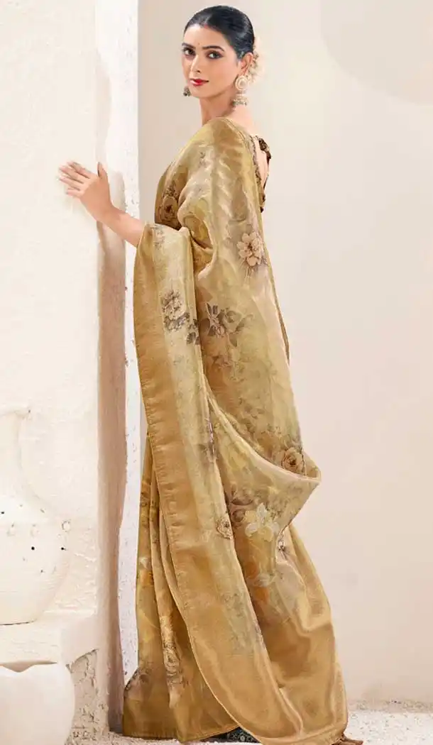 Organza Silk Digital Print Work Party Wear Designer Saree In Yellow - 9852189987