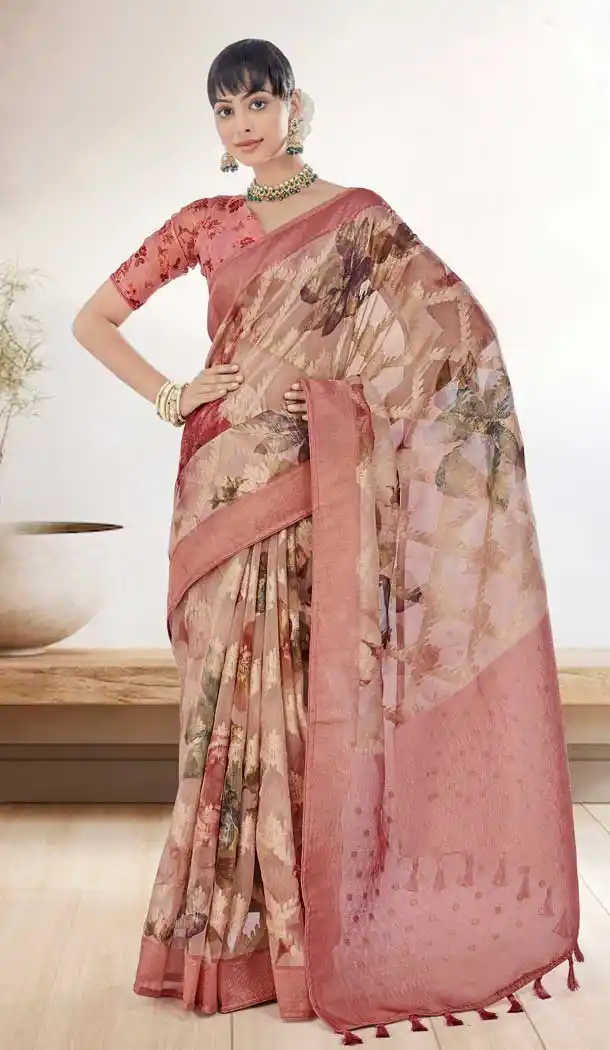 Baby Pink Organza Silk Digital Print Work Party Wear Saree - 9853189995