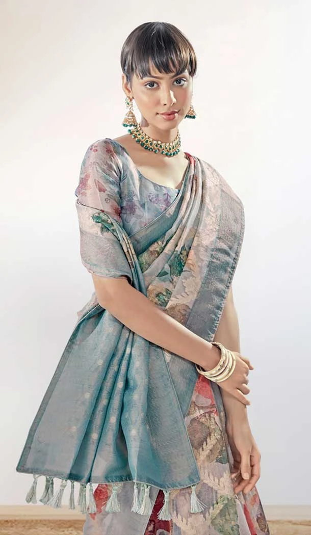 Sky Blue Color Organza Silk Digital Print Work Party Wear Saree - 9853189996