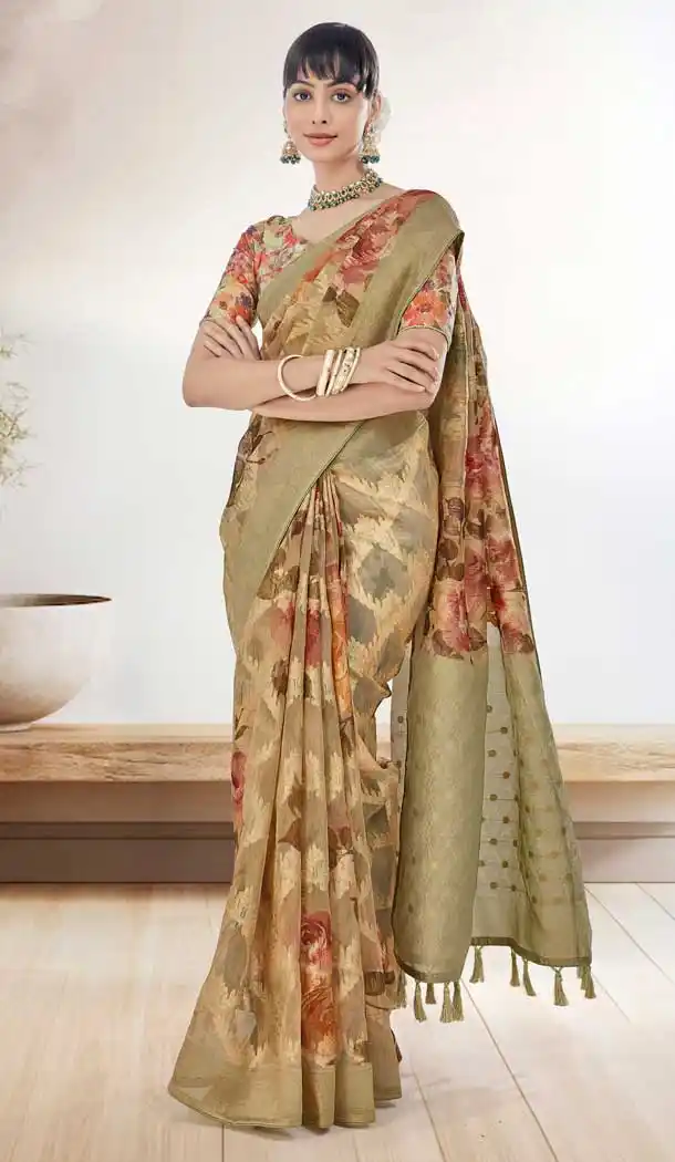 Mehendi Green Organza Silk Digital Print Work Party Wear Saree - 9853189998