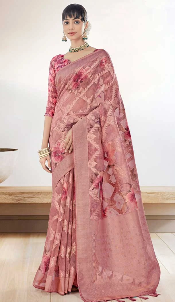 Pink Organza Silk Digital Print Work Party Wear Saree - 9853190000
