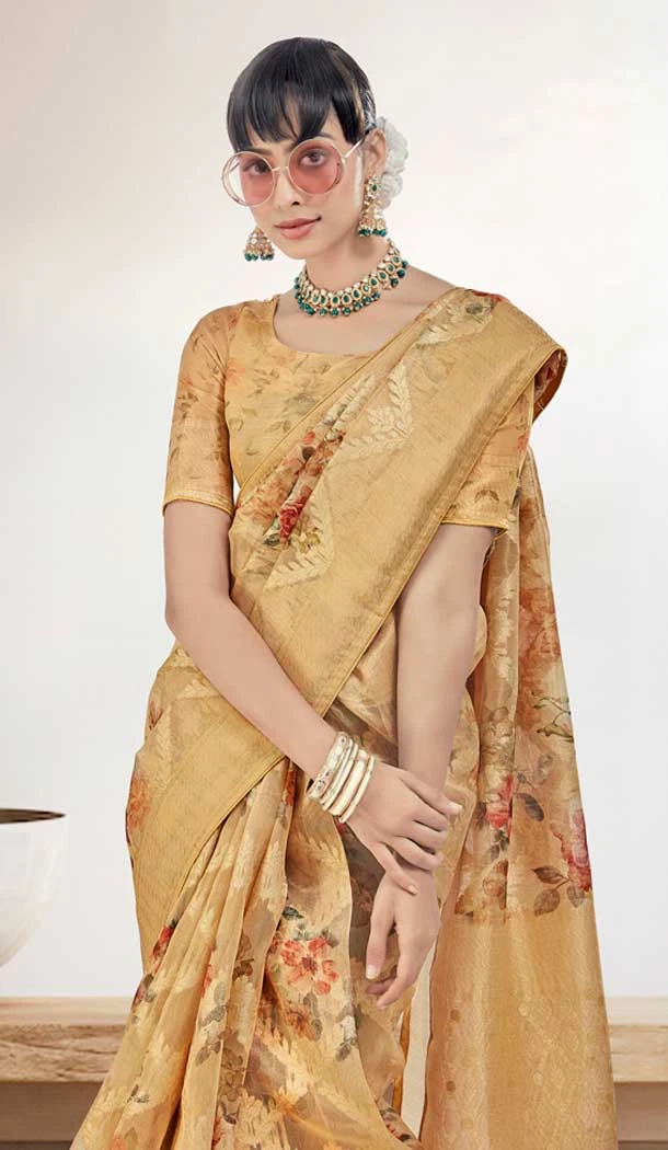Yellow Organza Silk Digital Print Work Party Wear Saree - 9853190001