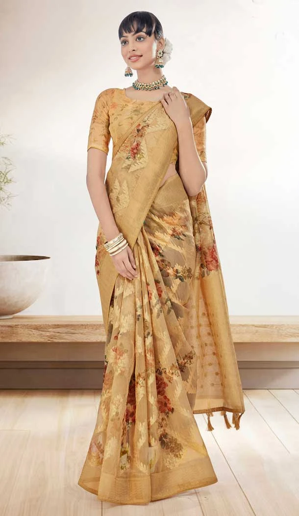 Yellow Organza Silk Digital Print Work Party Wear Saree - 9853190001